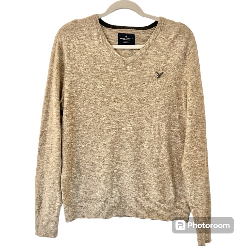 American Eagle Classic Fit Cotton Grey/Brown Pullover V-Neck Lightweight Sweater